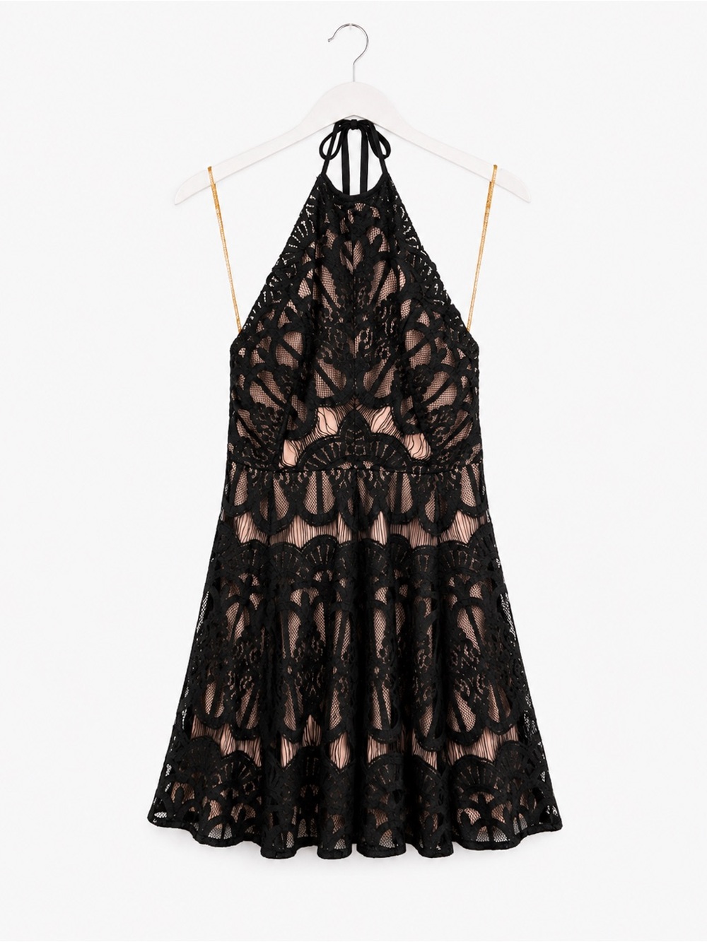 Black Lace Halter Fit & Flare Dress with Nude Lining